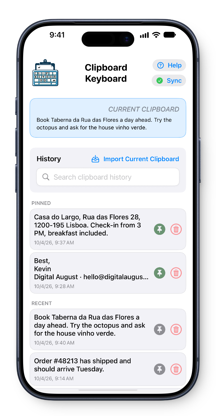 ClipboardKeyboard app showing the current clipboard, pinned clips and recent history