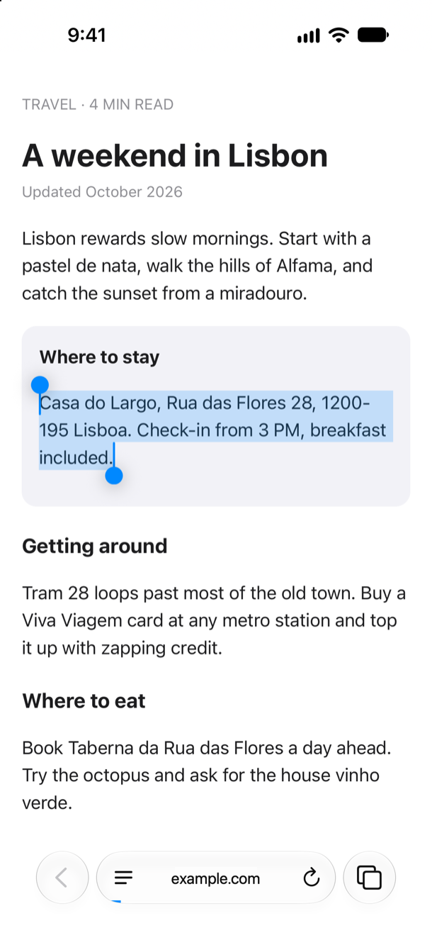 Text selected in Safari